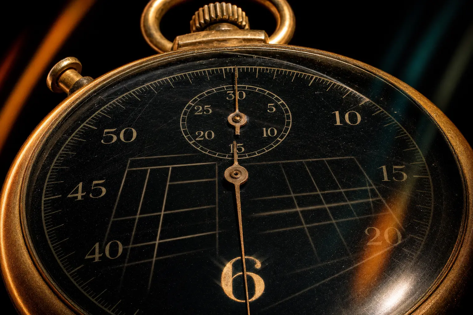 Vintage stopwatch frozen at 6 seconds with a ghostly website wireframe reflected in the crystal