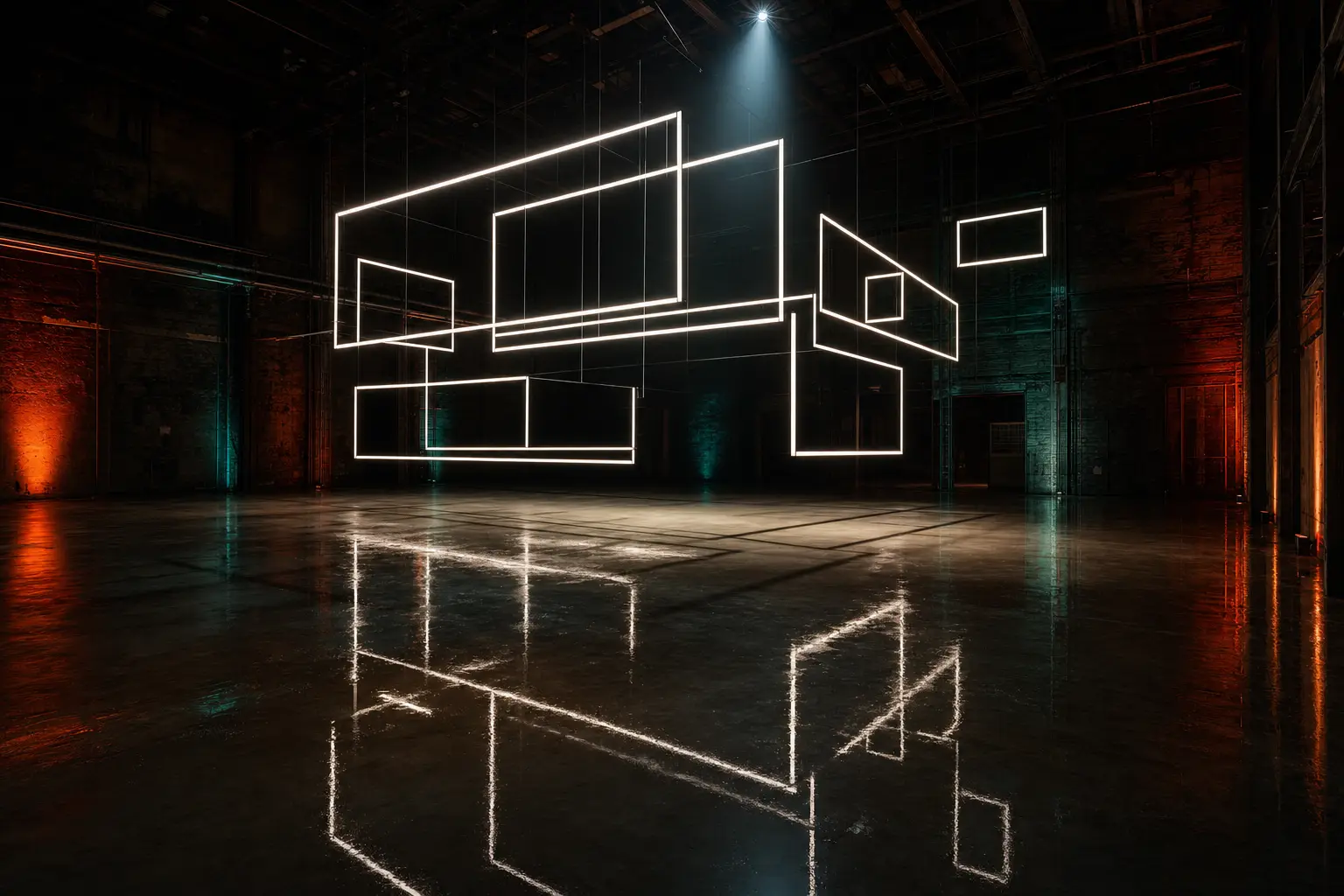 Dramatic illuminated website grid installation suspended in a dark industrial space, reflecting in a wet concrete floor