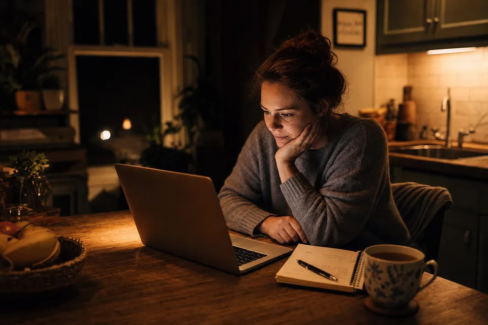 A glowing laptop on a kitchen table at night — representing evening admin burnout and the AI solution