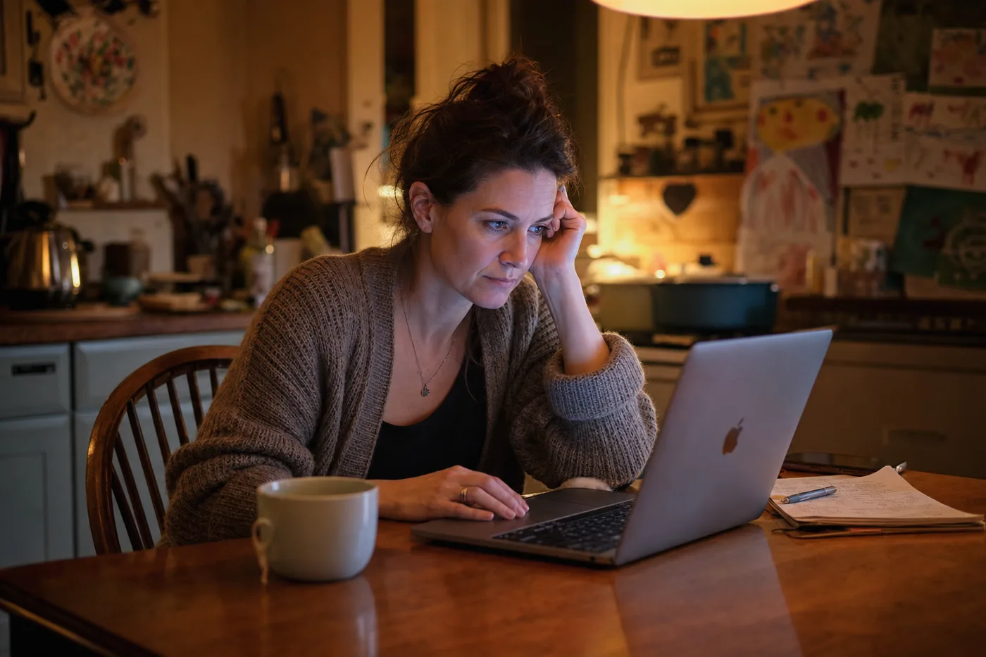A tired woman working late at a kitchen table on her laptop, surrounded by family life — a relatable image of evening admin burnout