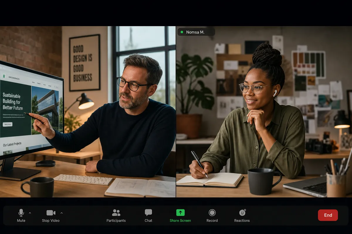 Client and remote designer reviewing design work together on a video call, giving structured feedback