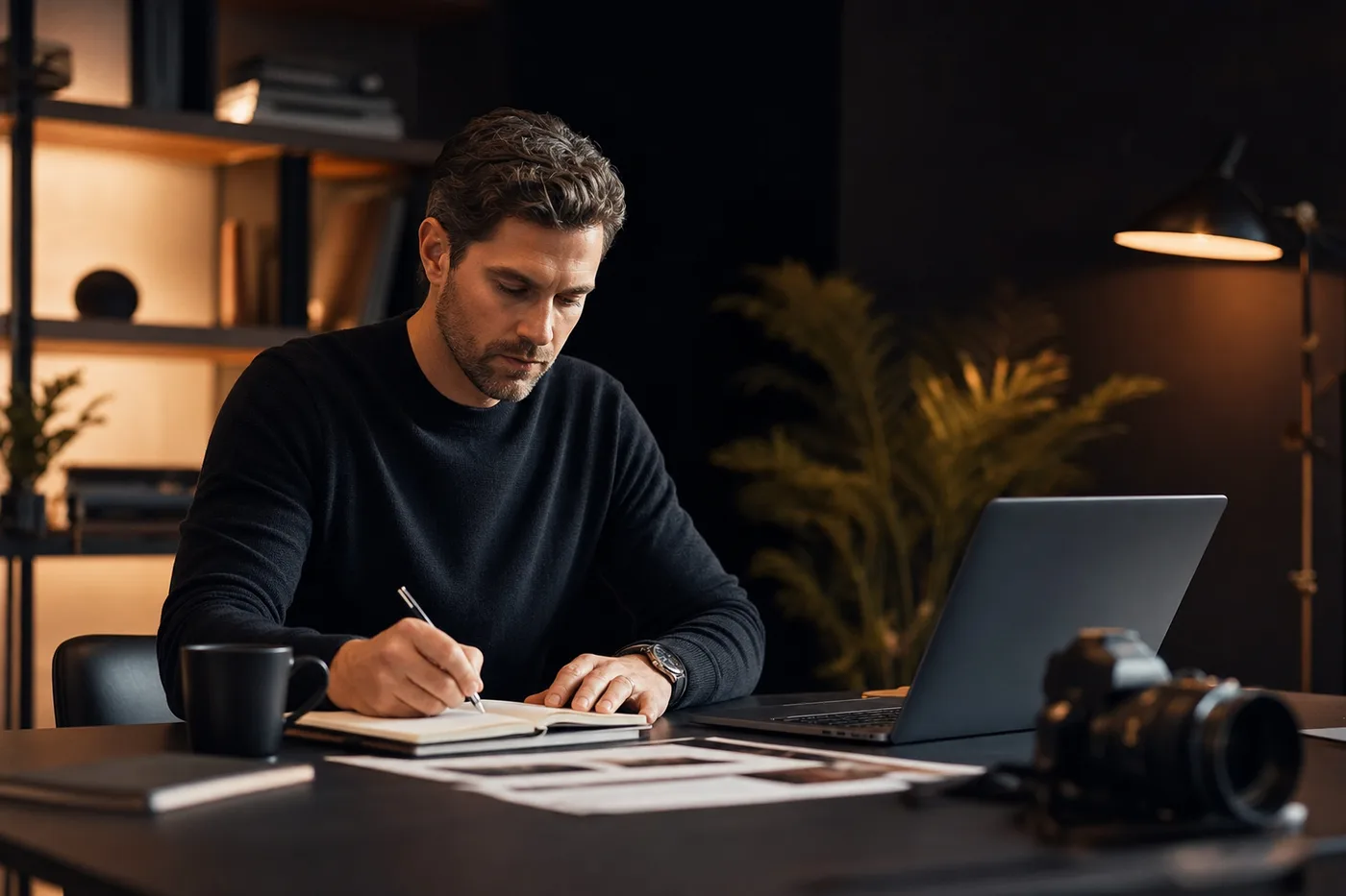 Business professional writing a detailed creative brief at a modern desk, preparing to work with a remote designer