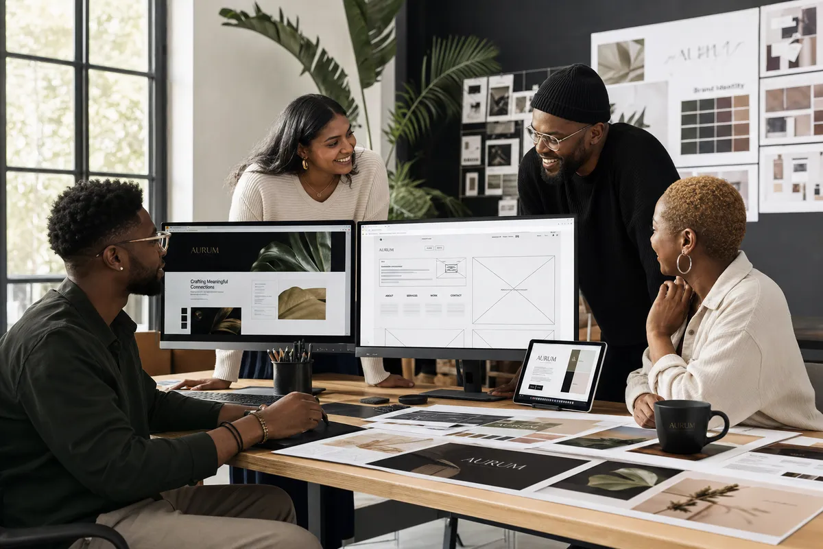 Diverse creative team collaborating in a modern South African design studio, reviewing brand identity and web design work